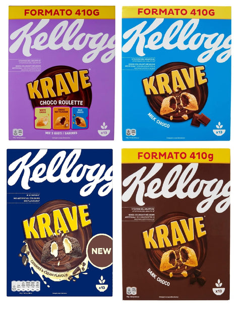 Kellogg's Kaltes Müsli Testpaket Kellogg's Krave Cerealien Weizen-, Hafer- und Reisbündel mit Milchschokoladenfüllung 4x 410g 5053827135313