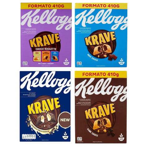Kellogg's Krave Cerealien Weizen-, Hafer- und Reisbündel mit Milchschokoladenfüllung 4x 410g Testpaket Original italienisch