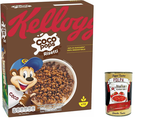 Kelloggs Kaltes Müsli 12x Coco Pops Chicchi di Riso Soffiato al Cacao, Kakao -Puff -Reiskörner 330g + Italian Gourmet polpa 400g 5053827207539