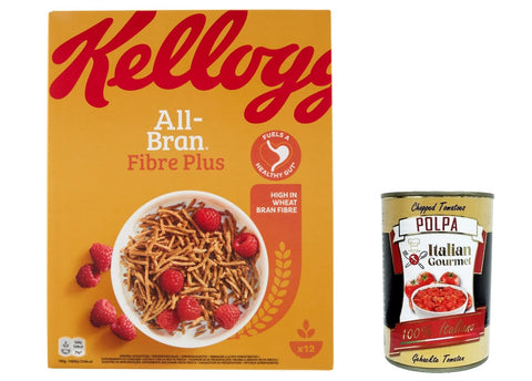Kelloggs Kaltes Müsli 12x Kellogg's All-Bran Fibre Plus gemischtes Cereals, Volle Weizenfaser 500g Getreide Müsli reich an Ballaststoffen + Italian Gourmet polpa 400g 3159470001424
