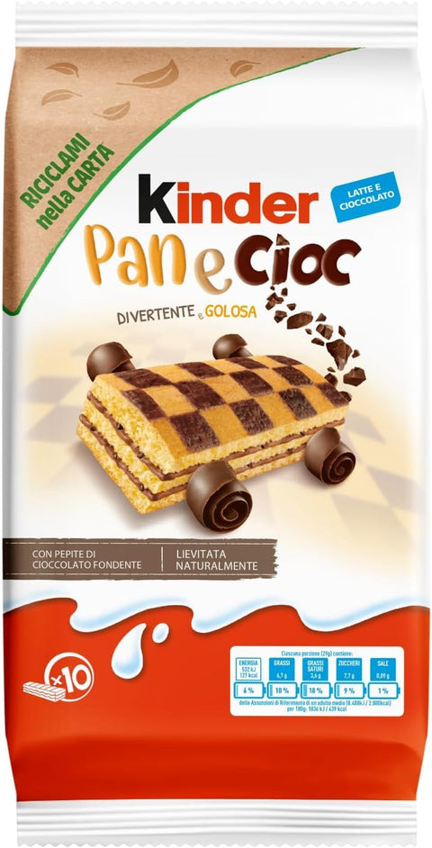 Kinder Snack Kuchen 2x MHD 23/07/2026 Kinder Pan e Cioc, 10 Snacks Schwammkuchen mit knusprigen Schokoladenflocken, ausgezeichnet zum Frühstück und Snack, 6x 290g Original italienisch 8000500283240
