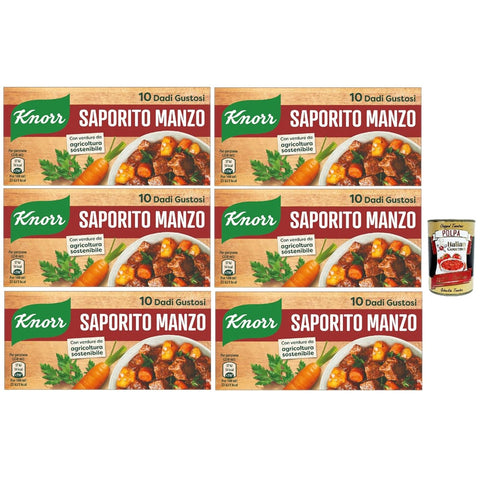 Knorr Brühe Knorr dado saporito manzo brodo leckeres Rindfleisch Suppenwürfel Brühe 10 pz 6x italienisch Original Pastasauce + kostenlos polpa 400 g 8000830001132