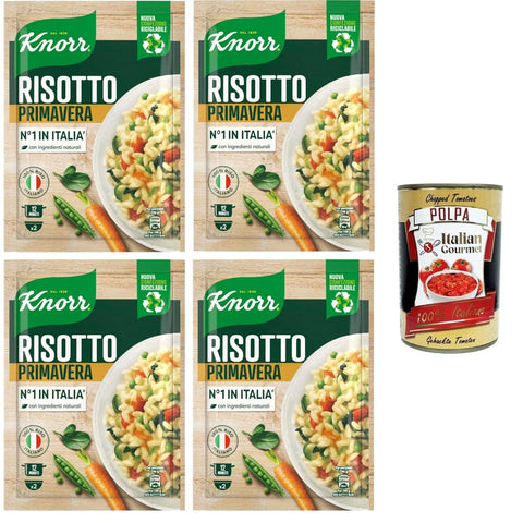 Knorr Reisgerichte Knorr Risotto Primavera, Fertigrisotto mit natürlichen Zutaten, 100% italienischem Reis und Al Dente Chicci, zubereitet im Topf oder in der Mikrowelle, 4x175 g Original italienisch inkl. Italian Gourmet Polpa 400g 8032804040014