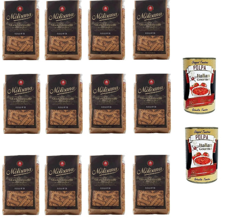La Molisana Kurze Pasta 12x Pasta La Molisana Integrale, Vollkornnudeln Fusilli n.28 Kurze Nudeln, NUR italienischer Weizen - 500g + 2x Italian Gourmet POlpa 400g 8004690612804
