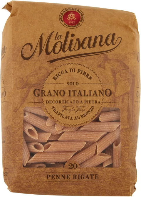La Molisana Kurze Pasta 3x La Molisana Pasta Integrale Penne Rigate n°20 Vollkornnudeln Vollkornpasta,100% italienischer Weizen,Bronzepaste 500g Packung + Italian Gourmet Polpa di Pomodoro 400g Dose 8004690612002