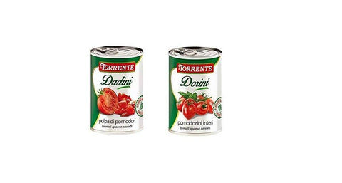 TESTPAKET La Torrente Pomodorini Interi Dorini Kirschtomaten - Polpa di Pomodori Dadini Tomatenmark Tomaten sauce aus Italien dose 48x400 g italienisch Original