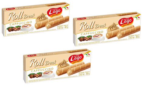Lago Gastone Lago Roll Break Cappuccino Waffelpad Wafer gefüllt mit Cappuccino Creme 3x 80g italienisch Original