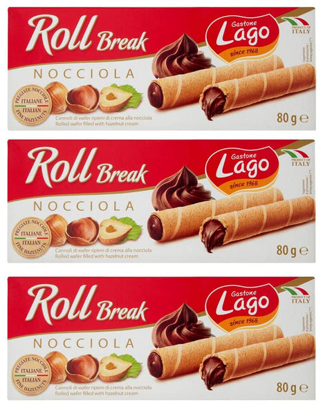 Lago Gastone Roll Break Nocciola Waffelpad Wafer gefüllt mit Haselnusscreme 80 g Knabberartikel italienisch Original