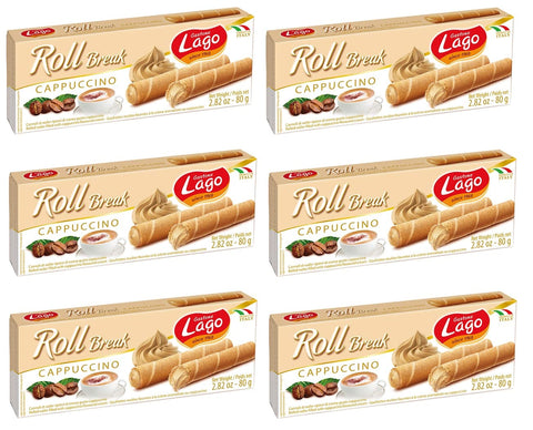 Lago Gastone Lago Roll Break Cappuccino Waffelpad Wafer gefüllt mit Cappuccino-Creme 80 g 6x italienisch Original Kekse