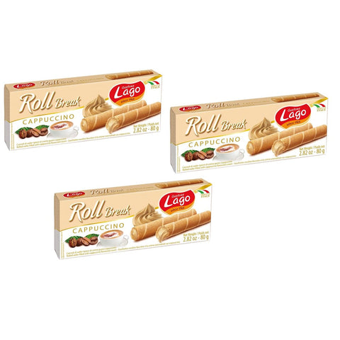 Lago Knabberartikel Lago Gastone Lago Roll Break Cappuccino Waffelpad Wafer gefüllt mit Cappuccino Creme 3x 80g italienisch Original 8004800005311