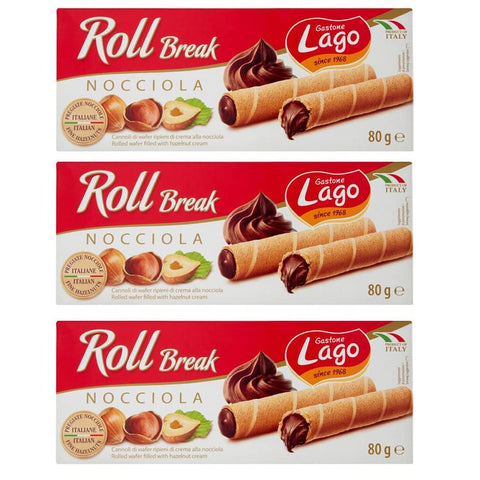 Lago Knabberartikel Lago Gastone Roll Break Nocciola Waffelpad Wafer gefüllt mit Haselnusscreme 80 g Knabberartikel italienisch Original 8004800005229