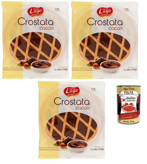 Lago Snack Kuchen & Backwaren Lago 1968, Crostata al Cacao, Flowpack, Törtchen, kuchen mit Kakaocreme, Merkstufegebäck, italienischem snack Produkt ohne Palmöl 3x 350g + Italian Gourmet polpa 400g 8004800035318