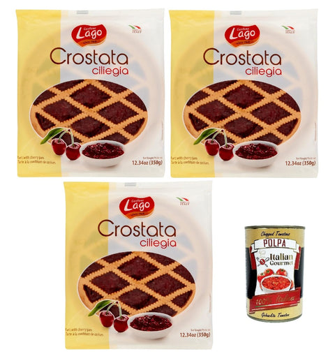 Lago Snack Kuchen & Backwaren Lago 1968, Crostata alla Ciliegia, Flowpack, Törtchen, kuchen mit Kirschmarmelade, Merkstufegebäck, italienischem snack Produkt ohne Palmöl 3x 350g + Italian Gourmet polpa 400g 8004800035301