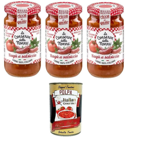 Le Conserve della Nonna Koch- & Backzutaten Le Conserve della Nonna- Sugo Ragù di Salsiccia Wurst-Ragù-Sauce 3x 190g + Italian Gourmet Polpa 400gr 8005360001935