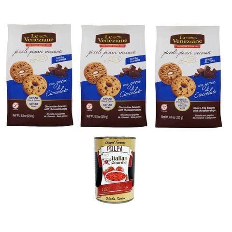 Le Veneziane Brot & Backwaren Le Veneziane Frollini con gocce di cioccolato senza glutine Mürbeteigkekse mit glutenfreien Schokoladenstückchen 3x 250gr Original italienisch inkl. Italian Gourmet Polpa di Pomodoro 400g 8009915004211