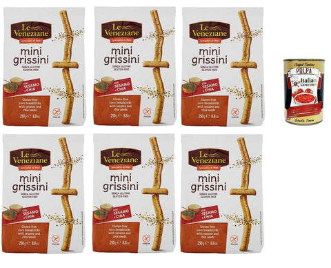Le Veneziane Snack Kuchen & Backwaren Le veneziane, mini grissini con sesamo e chia senza glutine, gluten free breadstick, glutenfreie Mini-Grissini mit Sesam und Chia, 6x 250g + Italian Gourmet polpa 400g 8009915008912