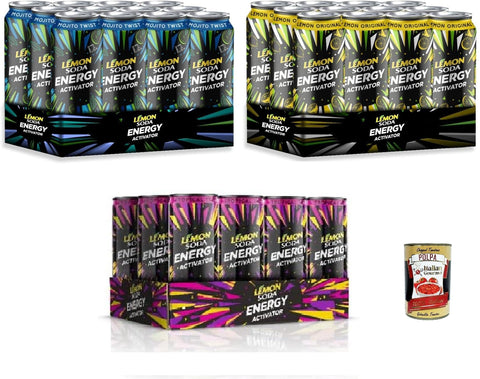 Lemonsoda Energy Drinks Lemonsoda Energy Activator Testpaket- Lemon Original,Mojito,Tropical Trip, Energy Drink mit tropischem Fruchtgeschmack, 36 Dosen à 33 cl, + Italian Gourmet polpa 400g 8057192003502