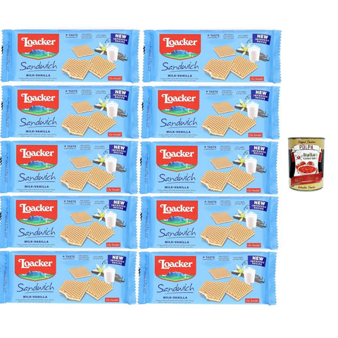 Loacker Kekse Loacker Milch-Vanille-Sandwich - Waffelkekse mit einem Herz aus Milch und Vanillecreme, umhüllt von 2 knusprigen Kakaowaffeln 10x75gr Original italienisch inkl. Italian Gourmet Polpa di Pomodoro 400g 8000380005574