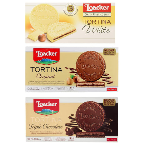 Loacker Testpaket Tortina White Triple Dark Original 3pz Schokoladengenuss gefüllt mit Haselnusscreme Kuchen 3x 63 g italienisch