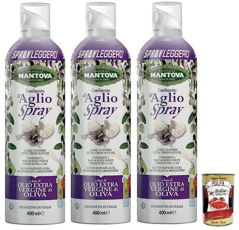 Mantova Öl, Essig & Dressings 3x Fratelli Mantova Condimento all'Aglio,Spray Nativem Olivenöl Extra Knoblauch aromatisiert,Italienisches Sprühöl 400ml + Italian Gourmet Polpa di Pomodoro 400g Dose 8006830990520
