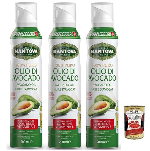 Mantova Öl, Essig & Dressings 3x Fratelli Mantova Condimento all'Avocado,100% reines Avocadoöl Spray,Italienisches Sprühöl 200ml + Italian Gourmet Polpa di Pomodoro 400g Dose 8006830995068