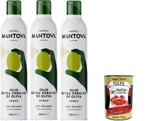 Mantova Öl, Essig & Dressings 3x Fratelli Mantova Extra Natives Olivenöl Spray,100% Italienisches Sprühöl 200ml + Italian Gourmet Polpa di Pomodoro 400g Dose 8006830990094