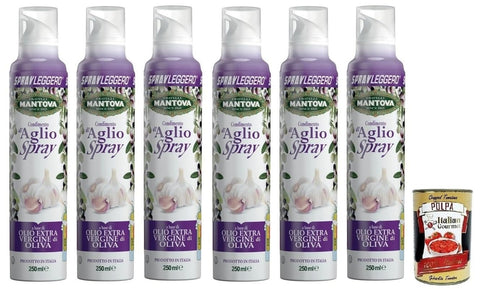 Mantova Öl, Essig & Dressings 6x Fratelli Mantova Condimento all'Aglio,Spray Nativem Olivenöl Extra Knoblauch aromatisiert,Italienisches Sprühöl 250ml + Italian Gourmet Polpa di Pomodoro 400g Dose 8006830991312