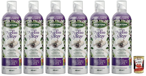 Mantova Öl, Essig & Dressings 6x Fratelli Mantova Condimento all'Aglio,Spray Nativem Olivenöl Extra Knoblauch aromatisiert,Italienisches Sprühöl 400ml + Italian Gourmet Polpa di Pomodoro 400g Dose 8006830990520