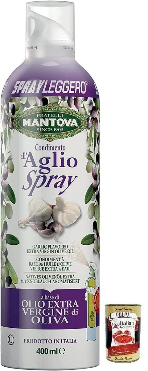 Mantova Öl, Essig & Dressings Fratelli Mantova Condimento all'Aglio,Spray Nativem Olivenöl Extra Knoblauch aromatisiert,Italienisches Sprühöl 400ml + Italian Gourmet Polpa di Pomodoro 400g Dose 8006830990520