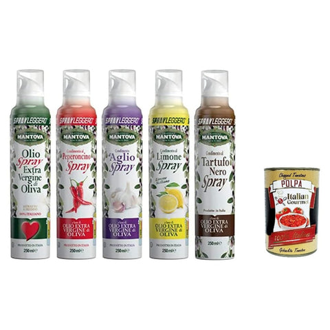 Mantova Öl & Essig Mantova SPRAYLEGGERO SET ( Natives Olivenöl Extra und Aromatisiert mit Knoblauch Zitrone Chili Schwarzem Trüffel 5x250 ml italienisch Original 8006830990698