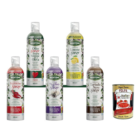 Mantova Öl & Essig Mantova SPRAYLEGGERO SET ( Natives Olivenöl Extra und Aromatisiert mit Knoblauch Zitrone Chili Schwarzem Trüffel 5x400 ml italienisch Original 8006830990698