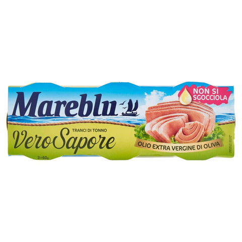 Mareblu Tranci di Tonno Vero Sapore Thunfisch in nativem Olivenöl extra Thunfisch konserven 3x60g Original italienisch Feinkost