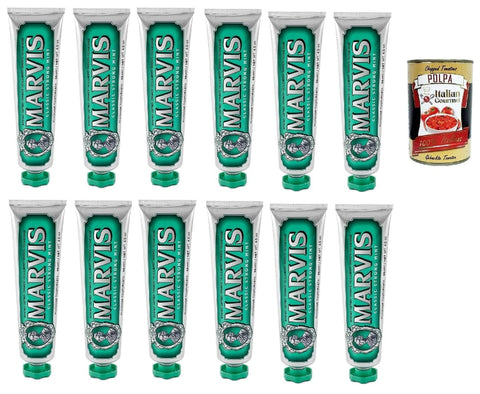 Marvis Zahncremes 12x Classic Strong Mint-Zahnpasta, 85 ml, Zahnpasta mit Geschmackserlebnis Garantie für belebende und lang anhaltende Frische + Italian Gourmet polpa 400g 8004395111701