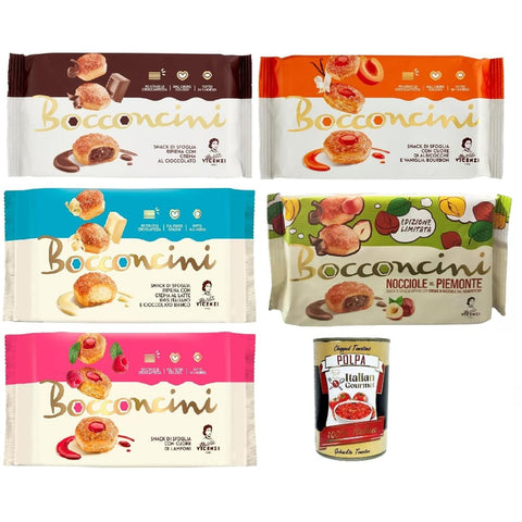 Matilde Vicenzi Snack Kuchen & Backwaren Matilde Vicenzi millefoglie Bocconcini Testpaket, Blätterteigbacken, knusprige und zarte, süße Snack aus raffiniertem Gebäck, gefüllt mit creme 5x 100g Original italienisch inkl. Italian Gourmet Polpa 400g 8000350008260