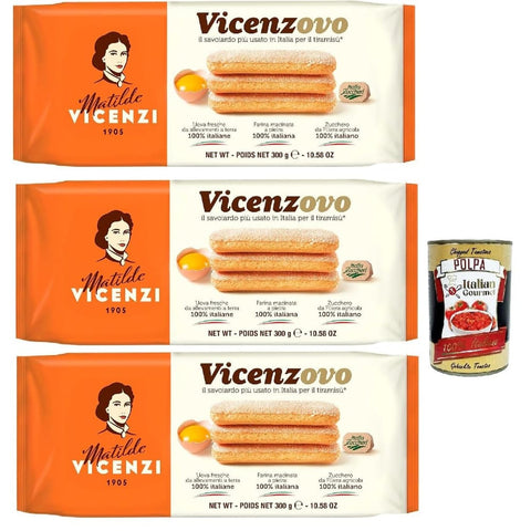 Matilde Vicenzi Snack Kuchen & Backwaren Matilde Vicenzi Savoiardi Vicenzovo, Traditionelle, einfache und leichte Kekse, hergestellt mit 26% frischen Eiern, Zucker und Mehl, 3x 300 g Original italienisch inkl. Italian Gourmet Polpa 400g 8032804040014