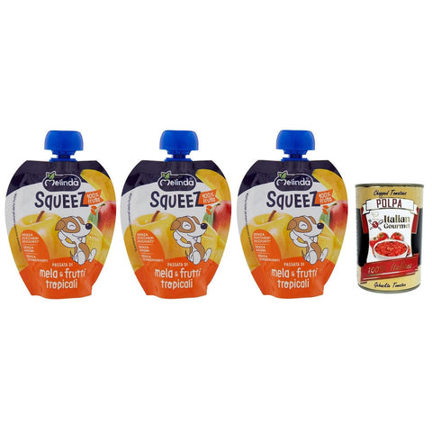 Melinda Obst Melinda Mela & Frutti Tropicali Squeez 100% Frucht,Apfel- und Tropisches Fruchtpüree,Obst zum Auspressen,90g 3x Original italienisch inkl. Italian Gourmet Polpa di Pomodoro 400g Dose