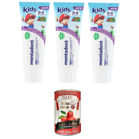 Mentadent Dentifricio Kids 0-6 anni Zahnpasta für Kinder 3x75 ml italienisch Original + kostenlos polpa 400 g