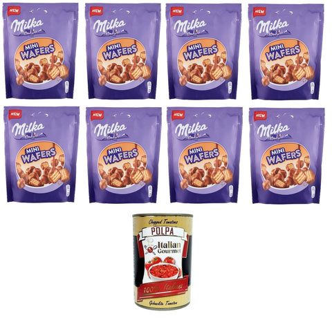 Milka Mini Wafers Wafer ricoperto di cioccolato al latte delle Alpi Waffel umhüllt von Alpenmilchschokolade 8x110 g italienisch Original Kekse + gratis polpa