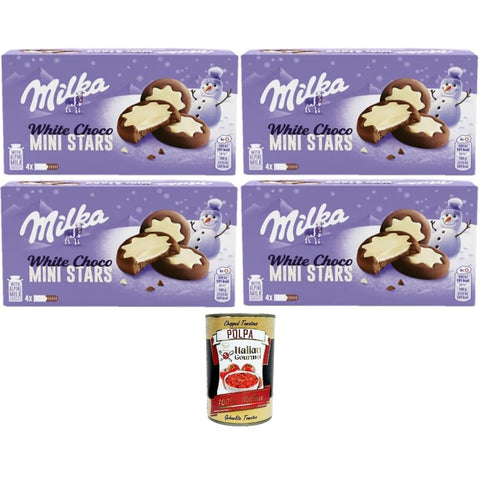 Milka Riegel Milka White Choco Mini Stars Weiße Schoko-Ministerne 4x150 g italienisch Original Pastasauce + kostenlos Polpa di Pomodoro 400 g 7622201149734
