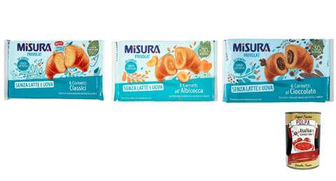 Testpaket Misura Cornetti Privolat Classici Cioccolato Albicocca Croissants, ohne Milch und Eier italienisch Original Pastasauce + gratis polpa 400 g