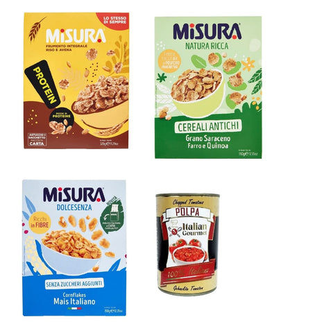 Misura Kaltes Müsli Misura Cereal Multigrain Protein Natura Ricca Dolcesenza Vollkornflocken, Reis und Hafer - reich an Proteinen und Ballaststoffen Testpaket Original italienisch inkl. Italian Gourmet Polpa 400g 8002590071042