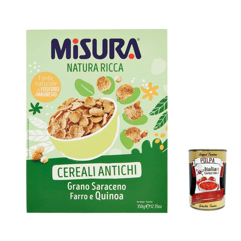 Misura Kaltes Müsli Misura Cereali Natura ricca, Cornflakes mit Urgetreide, mit Buchweizen, Dinkel und Quinoa 350g 3x Original italienisch inkl. Italian Gourmet Polpa 400g 8002590048419