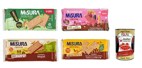 Testpaket Misura Crackers Fibraextra Soia Multigrain italienisches Mehl 4 Stück Original + gratis polpa 400 g