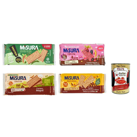 Misura Knabberartikel Testpaket Misura Crackers Fibraextra Soia Multigrain italienisches Mehl 4 Stück Original + kostenlos polpa 400 g 8002590042752