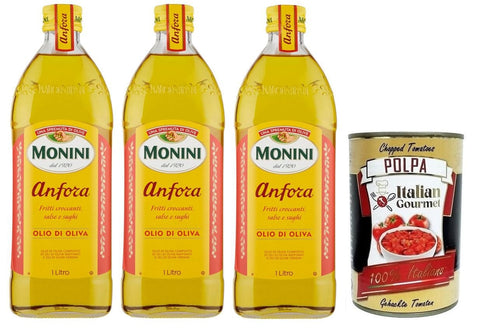 Monini Anfora Olio Di Oliva Olivenöl Ideal für knusprig frittierte Speisen Soßen und Bratensoßen Glas 3x 1Lt italienisch Original