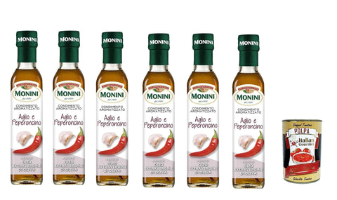 Monini Saucen & Marinaden 6x Monini aromatisiertes Knoblauch- und Chili-Gewürz auf der Basis von nativem Olivenöl extra 250 Milliliter + Italian Gourmet polpa 400g 80481522