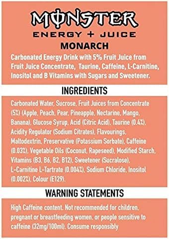 Monster Energy Drinks 24x Monster Energy Monarch - koffeinhaltiger Energy Drink mit fruchtigem Geschmack aus Pfirsich und Nektarine - in praktischen Einweg Dosen 500 ml 5060751219316