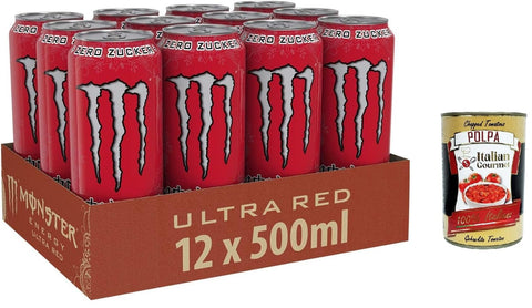 Monster Energy Drinks 24x Monster Energy Ultra Red Energiegetränk mit roten Früchten Kein Zucker und keine Kalorien 500ml alkoholfreies Getränk Erfrischungsgetränk Sportgetränk + Italian Gourmet polpa 400g 5060337509268