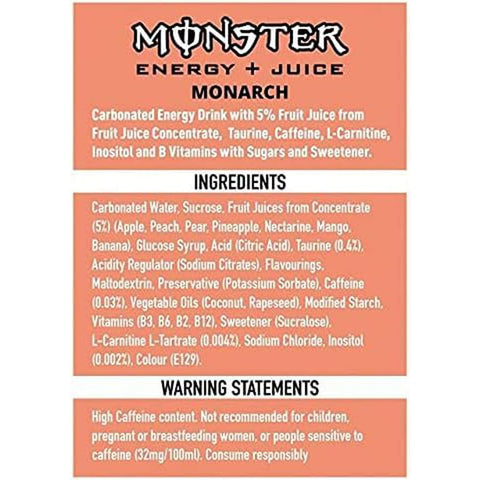 Monster Energy Drinks Monster Energy Monarch koffeinhaltiger Energy Drink mit fruchtigem Geschmack aus Pfirsich und Nektarine in praktischen 24x 500 ml italienisch Original 5060751219316