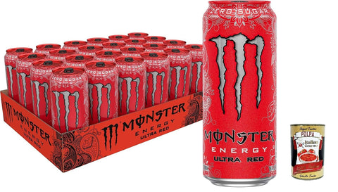 Monster Energy Drinks Monster Energy Ultra Red - koffeinhaltiger Energy Drink mit Geschmack aus roten Früchten - ohne Zucker und ohne Kalorien - in praktischen Einweg Dosen (24 x 500 ml) + Italian Gourmet polpa 400g 5060337500609